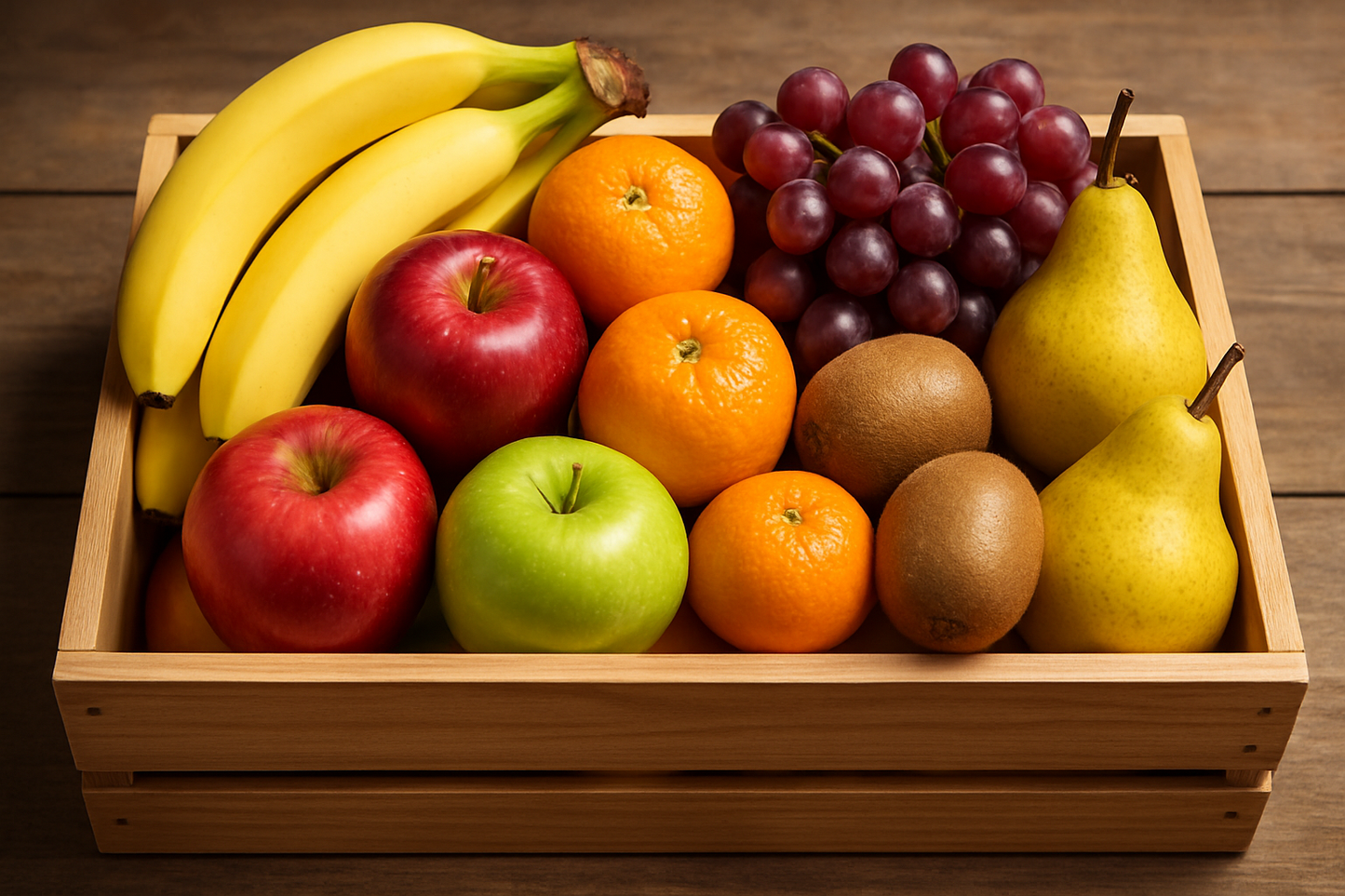 Fruit Box with bananas, apples, mandarins, kiwis, red grapes and pears