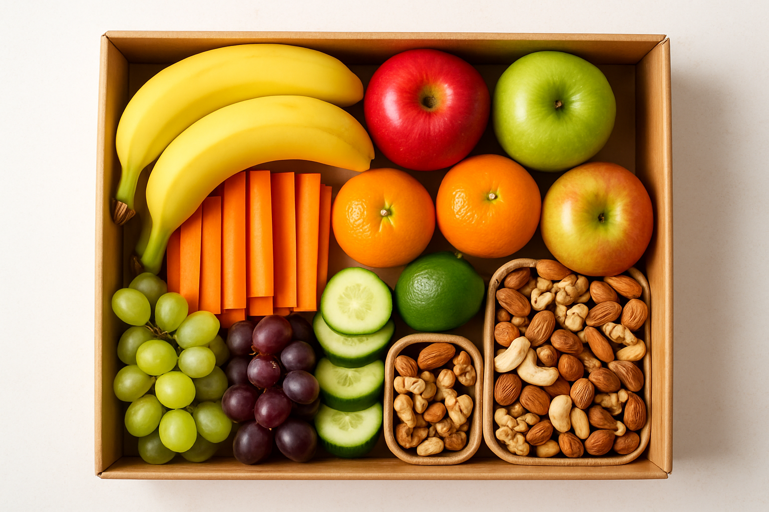 a box filled with bananas, apples, mandarins, carrot sticks, cucumber, grapes, mixed nuts. the image should be like the other images where they are in a box.
