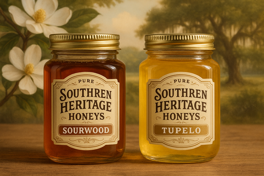 Sourwood and Tupelo side-by-side as “Southern Heritage Honeys.”
