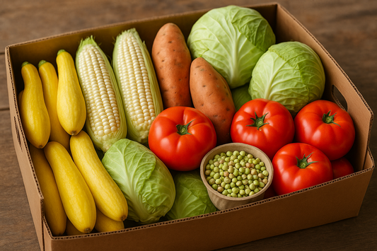 Southern veggie box including yellow squash, white corn, sweet potatoes, green cabbage, jumbo tomatoes and shelled cream peas. This should be in a box like the other images you have created.