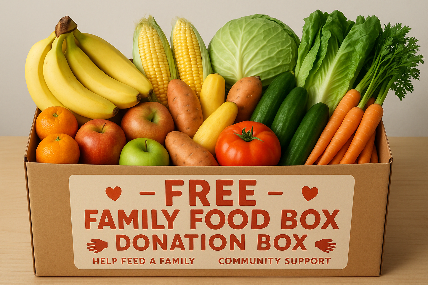 This is a donation box to feed a family in need. It needs to show the produce with a design of this being a give away. the produce includes bananas, apples, mandarins, sweet potatoes, yellow squash, corn, jumbo tomatoes, green cabbage, cucumber, romaine hearts, and carrots.